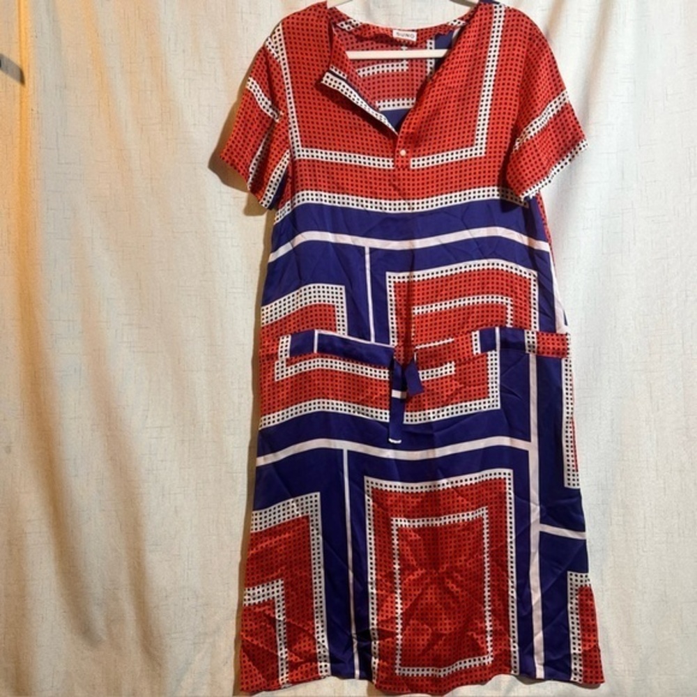 Suno Womens Silk Graphic Print Short Sleeve Shift Dress White Blue Size 6